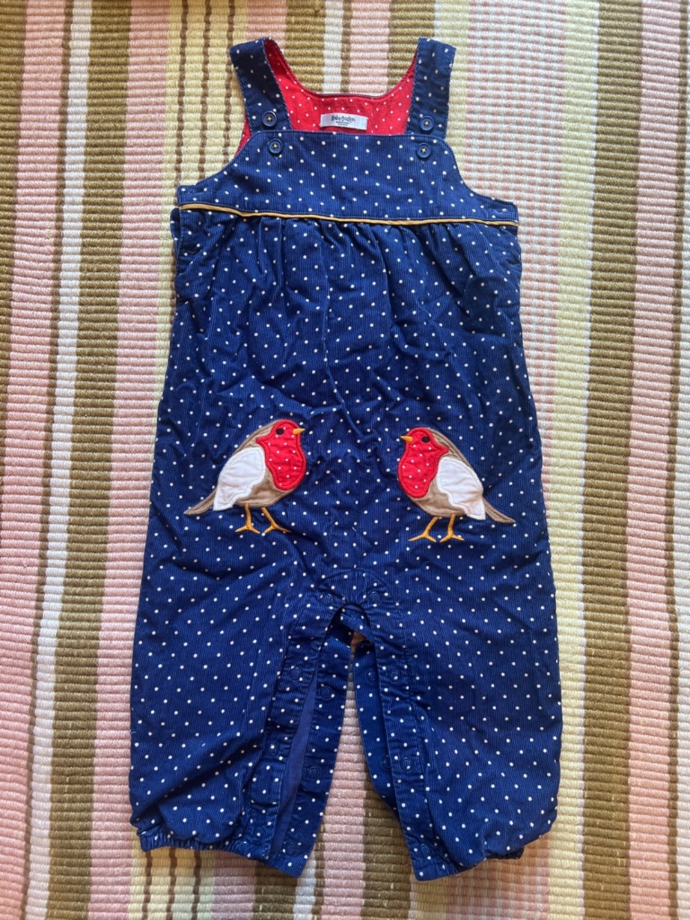 Baby Boden Navy Polka Dot Overalls with Red Bird Appliqués